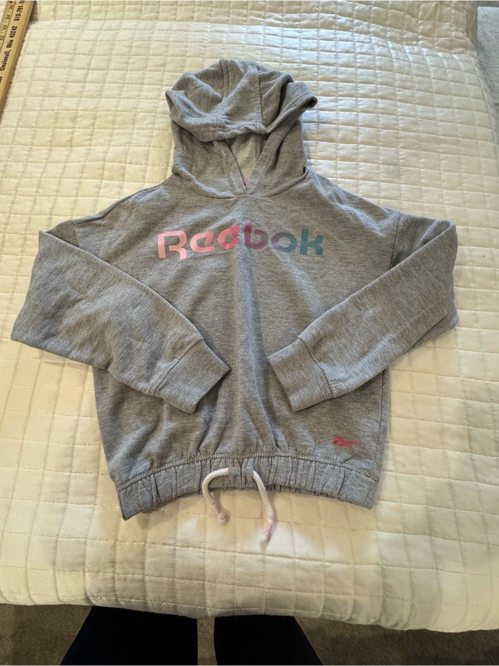Reebok Grey Hoodie with Pink and Teal Logo Accents